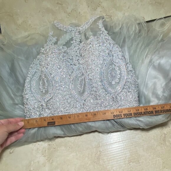Silver Beaded Tulle Dress Halter Neckline Fairy Witchy Prom Wedding Princess - Picture 10 of 12